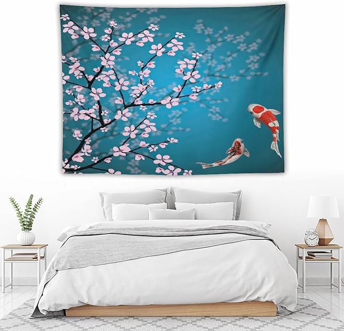 Houselerax Japanese Koi Fish Tapestry, Cherry Blossoms Asian Oriental Green Teal Flower Branch Koi Fish Carp Tapestries Wall Hanging for Bedroom Living Room Office Decor 80"x60"-Ruum Studio Home