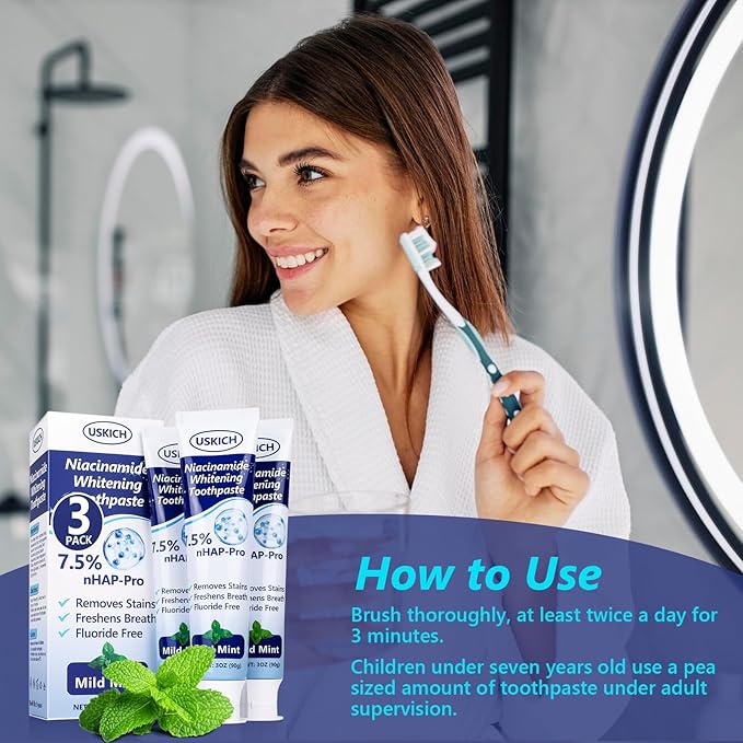 3 Pack Whitening Toothpaste,Fresh Breath Nano Hydroxyapatite Toothpaste for Remineralizing Enamel & Sensitive Relief,Whitening,Antiplaque,Natural Peppermint,Fluoride-Free-Ruum Studio Home