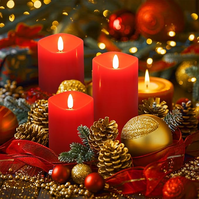 Red Flameless Candles with Remote, Flickering Battery Operated Candles with Timer, Real Wax LED Pillar Fake Candles for Christmas Party Home Decor, Set of 3-Ruum Studio Home