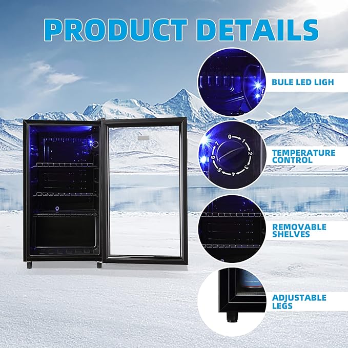 WANAI Mini Fridge Cooler 125Cans Beverage Refrigerator Glass Door Beverage Cooler for Beers Wine Juicer Adjustable Shelves LED Lights for Home, Office or Bar-Ruum Studio Home