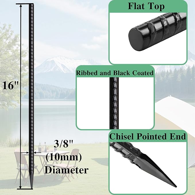 Rebar Stakes 16 Inch 20 Pack Heavy Duty Ground Anchors with Chisel Point End Long Straight Steel Tent Stakes 3/8" Thickness Metal Spikes Black Coated for Concrete Timber Camping Garden Plant-Ruum Studio Home
