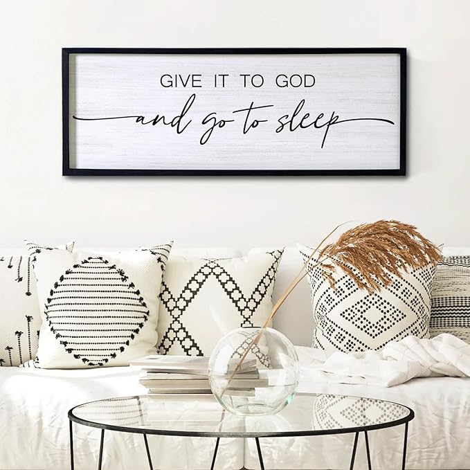 Give It to God and Go to Sleep Decorative Rustic Sign & Plaque Framed Wall Art for Couples, 40''×15'' Cottagecore Wooden Horizontal Wall Decor Above Bed, Vintage Farmhouse Wedding Gift for Bedroom-Ruum Studio Home