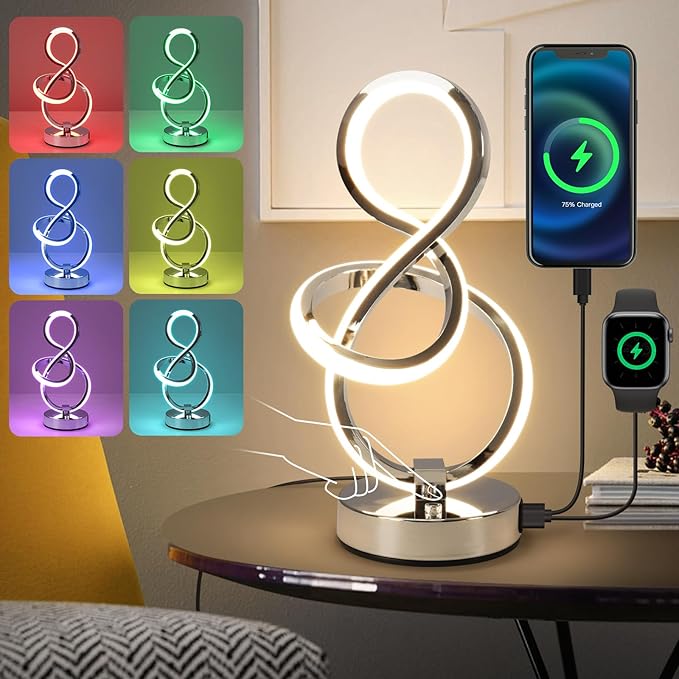 Modern Spiral Table Lamp, 7 Colors 10 Light Modes LED Nightstand Small Lamp with USB C+A Ports, Touch Dimmable Lamps for Living Room Bedroom Bedside, Unique & Cool Lamps,Silver-Ruum Studio Home