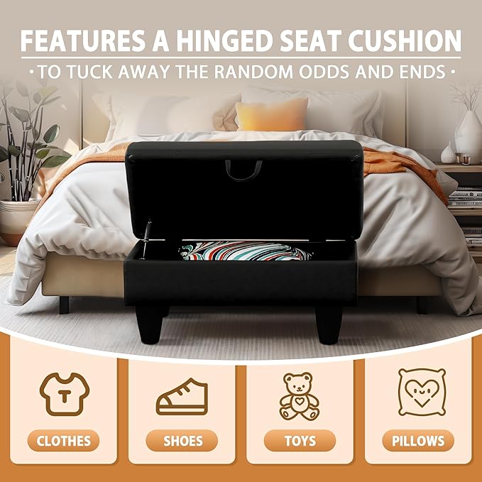 Ottoman Rectangular Storage Ottoman Bench, Faux Leather Footrest, Coffee Table, Stool Footstool with Hinged Lid for Living Room, Bedroom, Entryway, Black, 28.5"x19"x17.5"-Ruum Studio Home