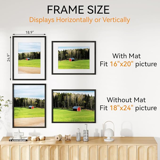IBUYKE 18x24 Picture Frame,Solid Oak Wood 18x24 Photo Frame with Mat to 16x20,18x24 Picture Frames With Tempered Glass,Wall Mount Display,Home Decor,Black Oak 24 x 18 Frame,UWPF1824B-Ruum Studio Home