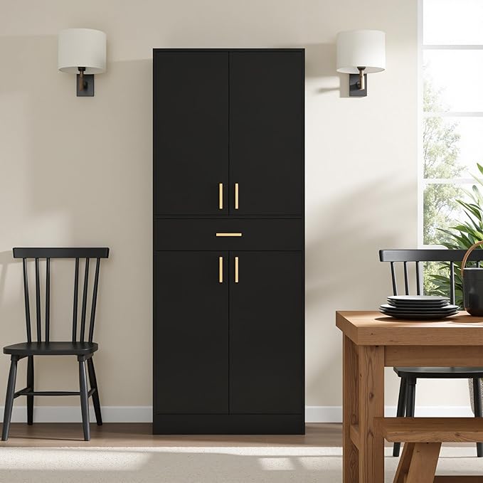 Cozy Castle Pantry Cabinet, 71" Tall Kitchen Storage Cabinet with Doors and Shelves, Freestanding Wood Cupboard Utility Hutch with Drawer for Dining Room Living Room Bathroom Furniture, Black-Ruum Studio Home