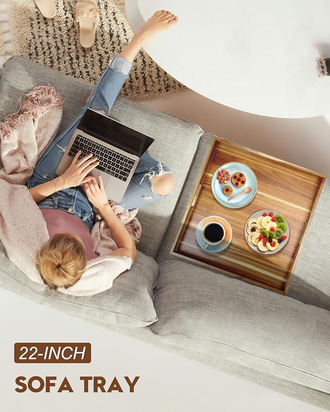 22 Inches Square Acacia Wood Ottoman Tray, Extra Large Wooden Serving Tray with Handles for Living Room, Serving Food Breakfast, Ottoman Coffee Table Couch Sofa Kitchen-Ruum Studio Home