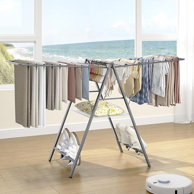 APEXCHASER Clothes Drying Rack Foldable, Metal Laundry Drying Rack Collapsible, Portable Compact Clothes Rack for Sweater Baby Clothes Towel Indoor & Outdoor, Height Adjustable Clothes Airer, Grey-Ruum Studio Home