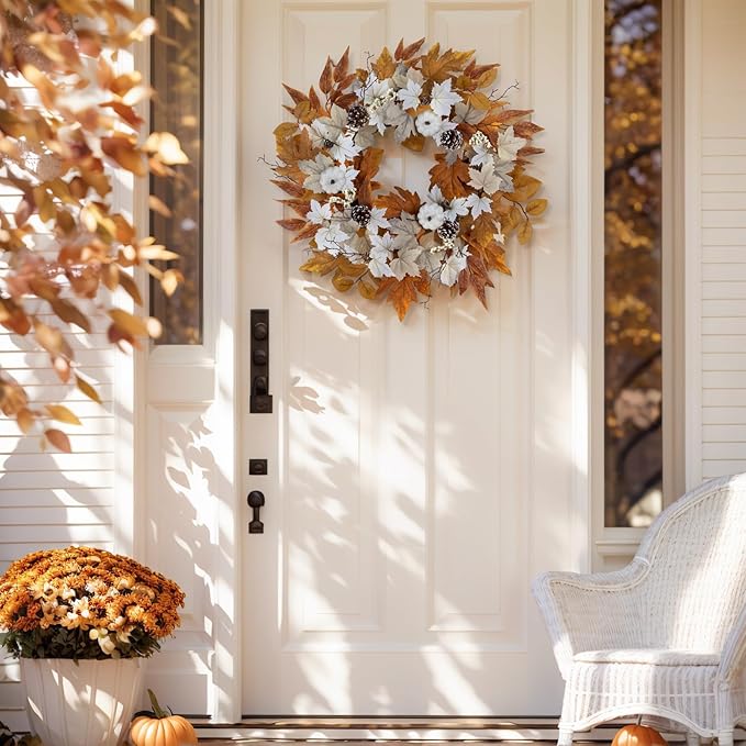 Fall Wreaths for Front Door Outside Autumn Wreath with Lights Berries Pine Cones Fall Decorations for Home Decor Pumpkin Wreath for Farmhouse Holiday Thanksgiving Harvest Halloween Outdoor-Ruum Studio Home