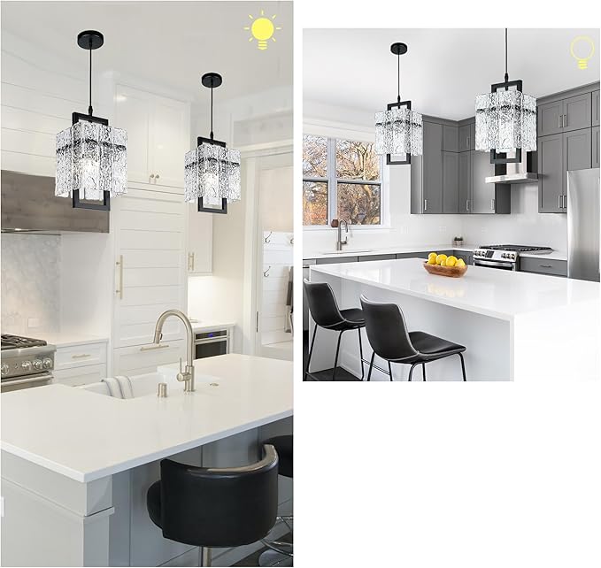 IKK Black Crystal Pendant Light for Kitchen Island, Luxury Water Ripple Glass Chandelier Lights Fixture, Modern Elegant Adjustable Pendant Lighting for Dining Room Bedroom, E12 Bulb, L6.5'' x H11.8''-Ruum Studio Home