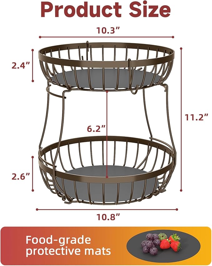 2 Tier Fruit Basket for Kitchen Counter with 2 Banana Hangers, Metal Stackable Fruit Bowl for Kitchen Counter for Bread Vegetable Fruits, Brown-Ruum Studio Home