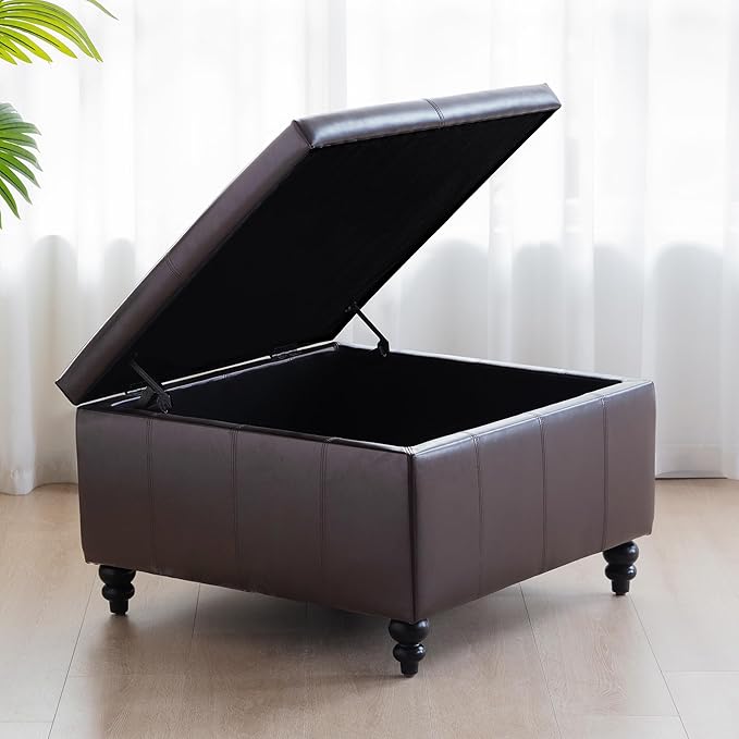 HUIMO Square Leather Storage Ottoman,Ottoman Coffee Table with Storage for Living Room (Brown)-Ruum Studio Home