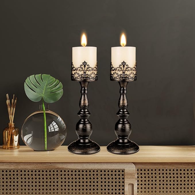 Candle Holders for Pillar Candles Gothic Matte Black Vintage Tall Candle Holders Set of 2 Decorative Large Table Centerpieces Candle Stand Decor (Distressed Black 2PCS A)-Ruum Studio Home
