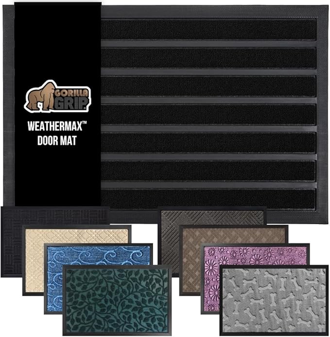 GORILLA GRIP 100% Waterproof All-Season WeatherMax Doormat US Designed Natural Rubber, Stain and Fade Resistant, Low Profile Indoor Outdoor Door Mats, Easy Clean Patio Mat, 17x29, Black Stripe-Ruum Studio Home