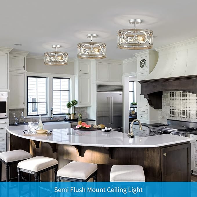 XINGQI Modern Ceiling Light Adjustable Height Pendant Lighting Fixture Brushed Nickel Wood Grain Metal 13" Rustic Round Lights for Dining Room Kitchen Bedroom Foyer Hallway-Ruum Studio Home