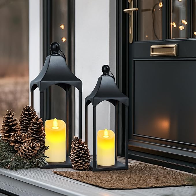 Eufrozy Lanterns Decorative Outdoor Indoor Set of 2 Black Metal Candle Lanterns with Flameless Candle, Modern Farmhouse Lantern Decor for Porch Patio Fireplace Mantle Kitchen Table Christmas Gifts-Ruum Studio Home