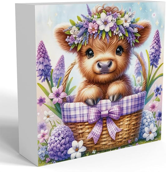 Highland Cow Hyacinth Flowers Decor, Highland Cow Bathroom Decor, Highland Cow Baby Decor, Highland Cow Nursery Decor, Wooden Box Decor Sign for Home Farmhouse Office Living Room Table Shelf Tiered-Ruum Studio Home