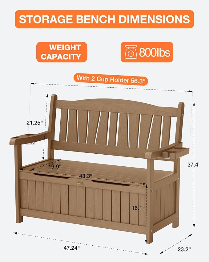 YEFU Outdoor Storage Bench for Patio: Heavy Duty Garden Bench Set of 2 with 96° High Backrest & Oversized Seating - HIPS Weatherproof Patio Bench with Storage for Porch Park Backyard, Teak-Ruum Studio Home