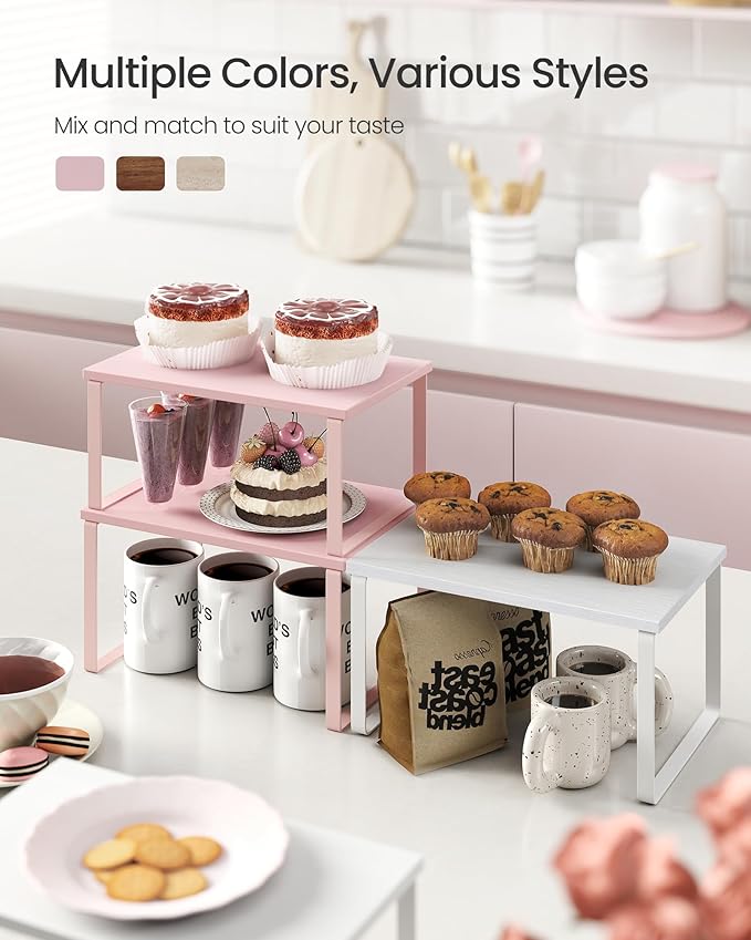 SONGMICS Cabinet Organizer Shelf, Set of 2 Kitchen Counter Shelves, Kitchen Storage, Spice Rack, Stackable, Expandable, Metal and Engineered Wood, Jelly Pink UKCS020S01-Ruum Studio Home