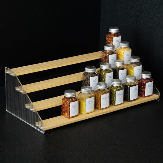 nianfeng Tiered Spice Rack, 4-Tier Spice Pantry Kitchen Cabinet Organizer, 19.9-Inch, Natural Wood Acrylic Stair Riser Stand, Countertop Seasoning Shelf-Ruum Studio Home