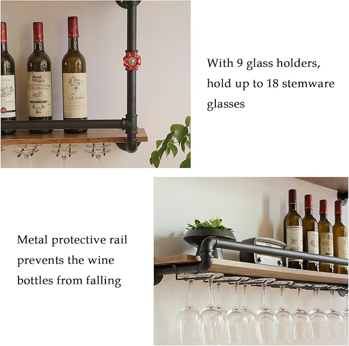 41 Inch Wine Rack Wall Mounted 2 Tier, Hanging Floating Bar Liquor Shelves with Glass Holder Storage Under, Industrial Rustic Pipe Farmhouse Kitchen Decor Black-Ruum Studio Home