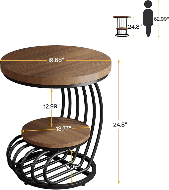 Tribesigns Round End Side Table: Side Table with 2 Tiers Storage Shelves, Vintage End Table for Living Room, Small Bedside Table Accent Table with Arc-Shaped Frame, Light Brown-Ruum Studio Home