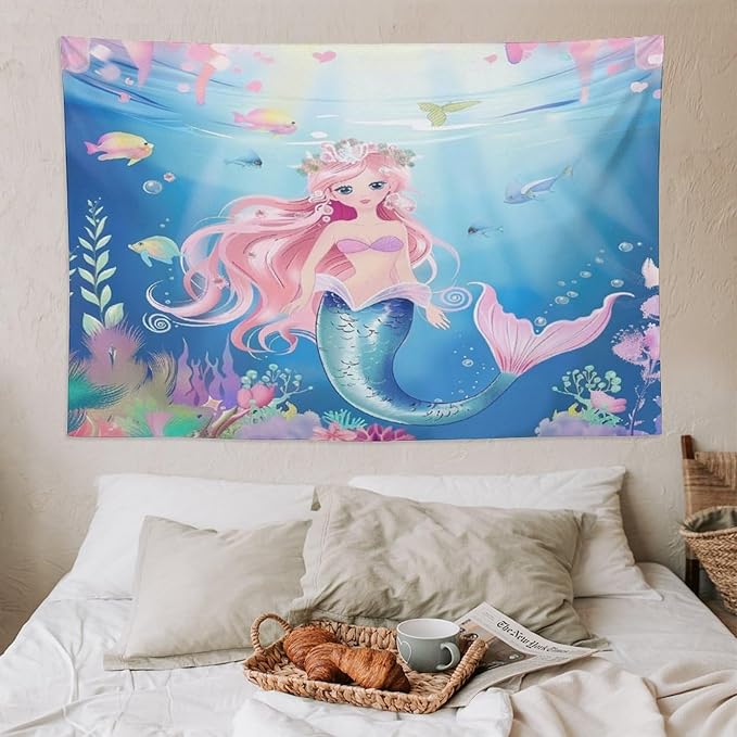 HZOHNAGO Mermaid Girls Tapestry Watercolor Mermaid Princess Pattern Printed Wall Tapestry Wall Hanging for Bedroom Living Room Dorm 90" W x 60" H-Ruum Studio Home