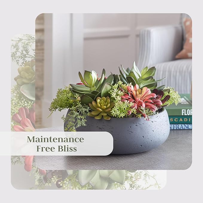 Faux Succulent Arrangement, Premium Artificial Indoor Plant Enhances Interior Design, Display on Any Surface in Your Home Adding an Inviting Touch of Nature, Grey Planter Pot Included-Ruum Studio Home