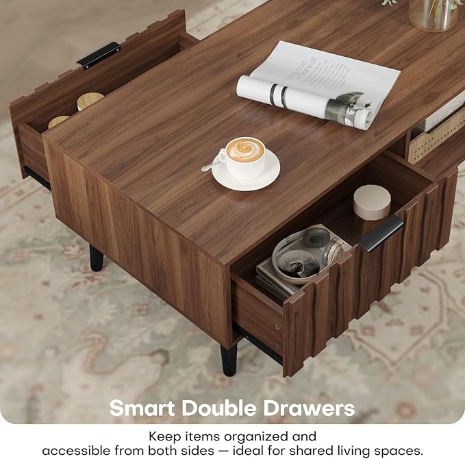 Mid Century Modern Coffee Table with Grooved Drawers & Open Storage, 47" MDF Walnut Wood Center Table with Black Solid Wood Legs, Retro Living Room Furniture-Ruum Studio Home