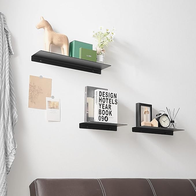 JOOM Black Floating Shelves for Wall Storage, Metal Wall Shelves for Living Room, Bathroom, Kitchen, 16” Display Shelves for Collectibles(2 PCS)-Ruum Studio Home