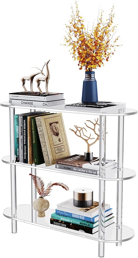 Clear Bookshelf, Acrylic Bookcase with Open Book Shelf Console Table for Entryway Office Living Room Bedroom (3 Tier Clear)-Ruum Studio Home