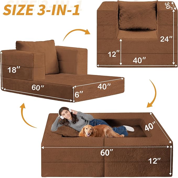 Folding Bean Bag Chair for Adults,3-in-1 Bean Bag Couch Faux Fur Floor Sofa Large Beanbag Convertible Bean Bag Sofa Bed with Pillow in Bedroom,Living Room,Apartment(Twin,Caramel)-Ruum Studio Home