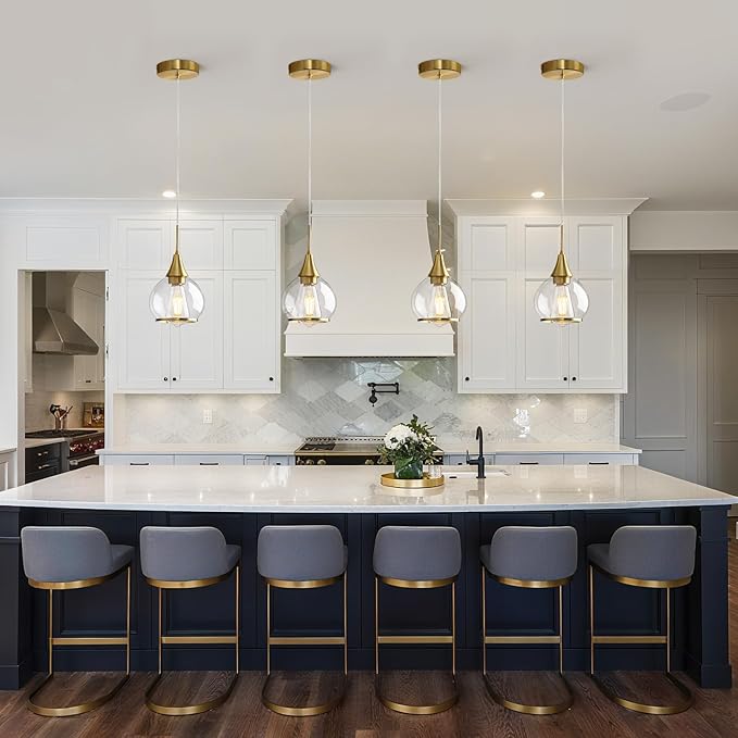 Pendant Light Fixtures Kitchen: 2 Pack Modern Gold Island Light with Clear Glass - 6 Inch Mid Century Globe Kitchen Lighting Chandeliers Ceiling for Foyer Bedroom-Ruum Studio Home