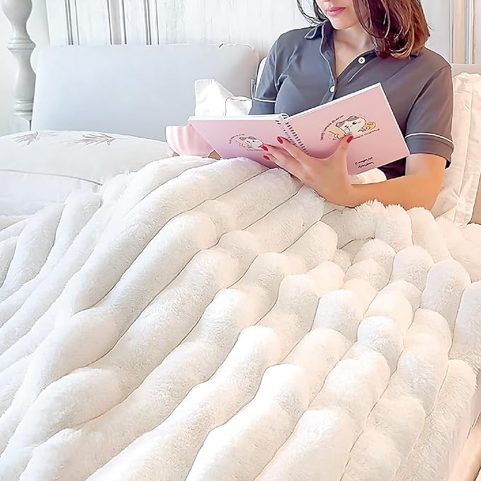 BEDELITE Faux Fur Throw Blanket for Couch, Soft and Cozy Luxurious 3D Striped Fluffy Blanket, 770GSM Thick Warm Plush Fuzzy Faux Rabbit Fur Blanket for Women Gift (Cream, 50"x 60")-Ruum Studio Home