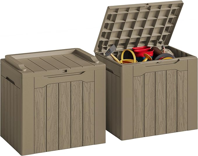 JUMMICO 31 Gallon Resin Deck Box Waterproof Indoor Outdoor Storage Boxes for Patio Furniture Cushions and Garden Tools (Light Brown, 31gallon-2 Packs)-Ruum Studio Home