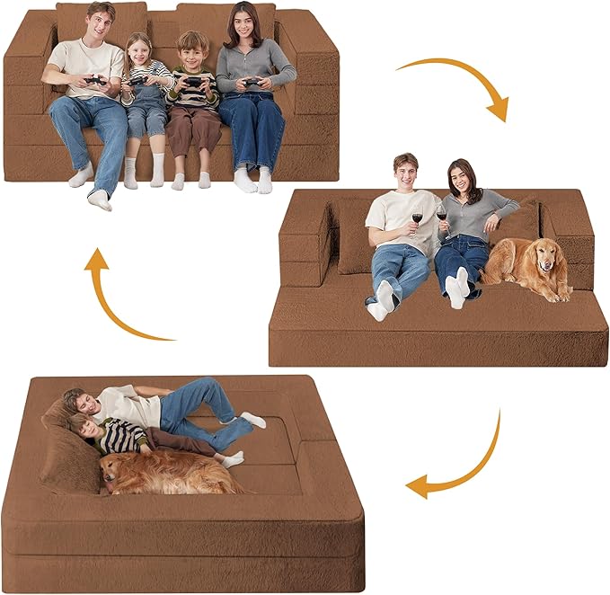 Folding Bean Bag Chair for Adults,3-in-1 Bean Bag Couch Faux Fur Floor Sofa Large Beanbag Convertible Bean Bag Sofa Bed with Pillow in Bedroom,Living Room,Apartment(Queen,Caramel)-Ruum Studio Home