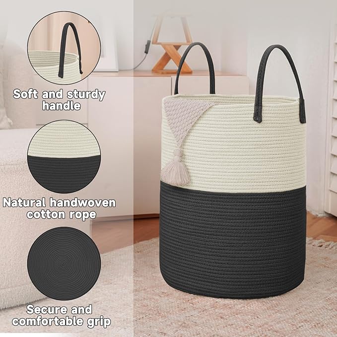 Large Woven Laundry Basket Hamper,100L Cotton Rope Storage Bin for Blankets,Toys and Clothes,Decorative Tall Nursery Hamper for Living Room,Baby Nursery,Bathroom and Bedroom,White and Black-Ruum Studio Home