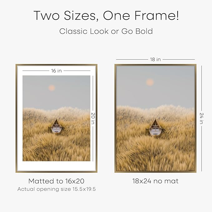 Homeforia Picture 18x24 Bronze Frame, High End Metal 18x24 Brass Poster Frames with Mat 16x20 for Photo, 18 x 24 Frame Matted to 16 x 20 Print, 24x18 Hanging Frames, Tempered Glass, Wall Kit, Set of 1-Ruum Studio Home