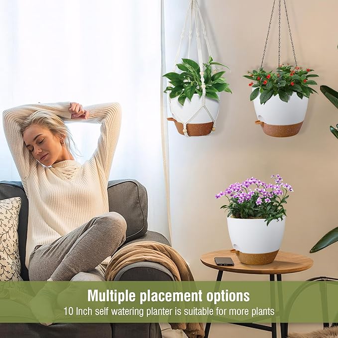 10 inch Self Watering Hanging Planters, 2 Pack Hanging Baskets for Indoor Outdoor Plants, Hanging Flower Pots with Drainage Holes & 2 Kinds of Plant Hangers for Garden Home Décor, White Brown-Ruum Studio Home