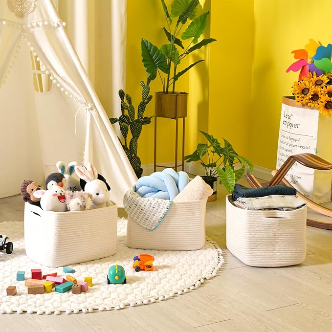 Storage Baskets for Organizing Shelves, Woven Cotton Rope Bins for Baby Nursery Organization, Book Toy Towel Organizer, 15"x11"x9.5", 3 Packs, Off White-Ruum Studio Home