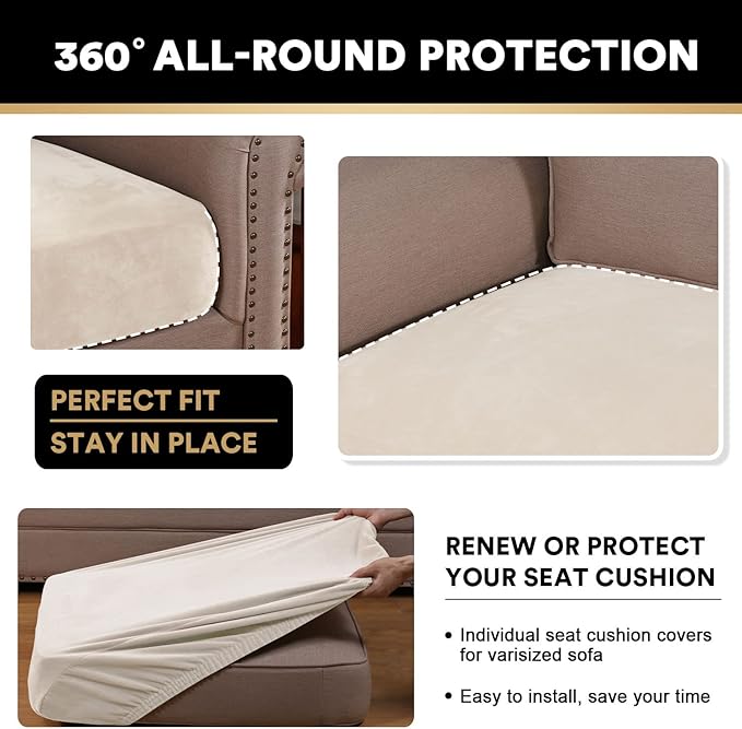 PrinceDeco Stretch Velvet Couch Cushion Cover,Soft Fitted Cushion Slipcover for Chair Cushion Furniture Protector Seat Cushion Sofa Cover Width Up to 29.5", Ivory-Ruum Studio Home