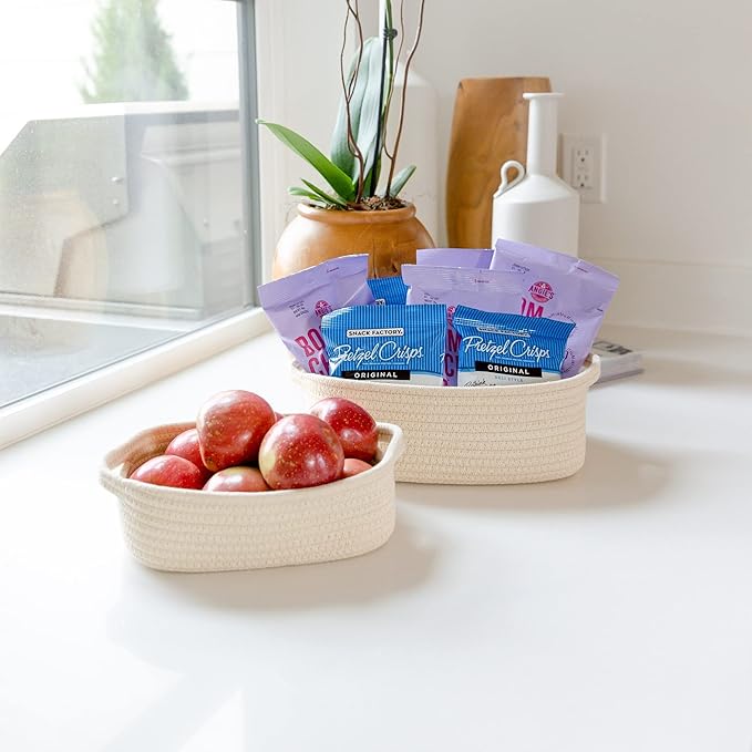 NaturalCozy 5-Piece Rectangle Storage Basket Set- Natural Cotton Rope Woven Baskets for Organizing! Small Basket for Montessori, Baby Nursery, Dog Toy Baskets, Cat Toy Box, Bathroom Organization Bin-Ruum Studio Home