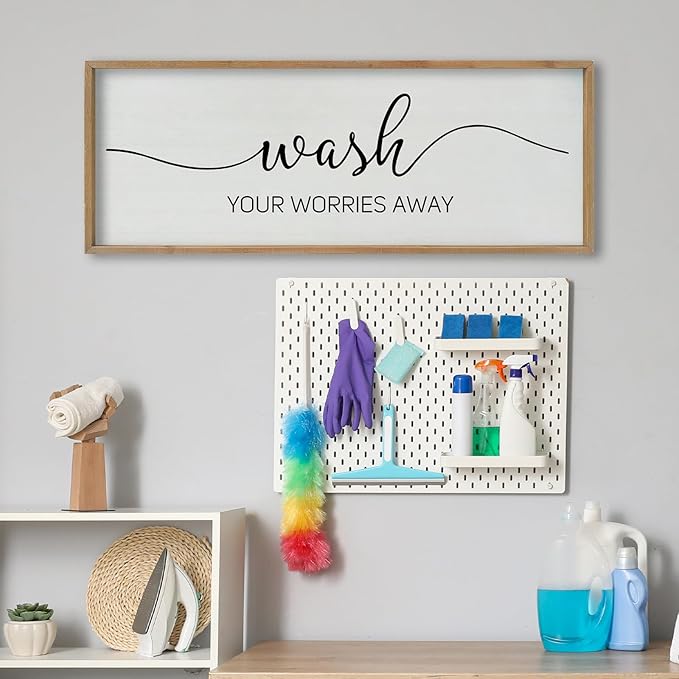 SRSZHIYUE Wash Your Worries Away Bathroom Sign Wall Art 40"x15" Funny Restroom Toilet Large Wood Framed Hanging Decor (Wood)-Ruum Studio Home