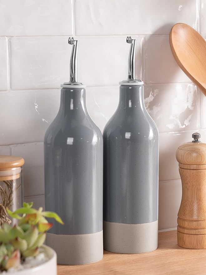 famiware Milkyway 16oz Ceramic Olive Oil Dispenser Bottle, Olive Oil and Vinegar Dispenser Bottle Set of 2 with Stainless Steel Pourers, Suitable for Storage Vinegar, Liquids, Dark Gray-Ruum Studio Home