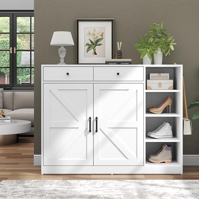 Loomie 5-Tier Shoe Cabinet with 4 Side Cubbies, Farmhouse Shoe Rack Cabinet with 6 Adjustable Shelves & 2 Drawers, Freestanding Shoe Storage Cabinet with 4 Brackets & 2 Hooks for Entryway (White)-Ruum Studio Home