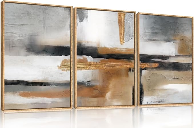 Modern Abstract Framed Canvas Wall Art Set, Neutral Textured Wall Decor, Boho Minimalist Gold and Gray Wall Painting for Living Room, Bedroom, Dining Room, Office - 16" x24" x3-Ruum Studio Home