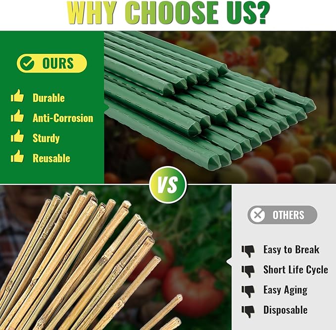 Premium Garden Stakes 58 Inch 5ft 25 Pack, Heavy Duty Tomato Plant Stakes for Outdoor Plants, Rust Resistant Metal Garden Poles and Sticks for Vegetables, Flowers, and Climbing Plants (green, 58 Inch)-Ruum Studio Home