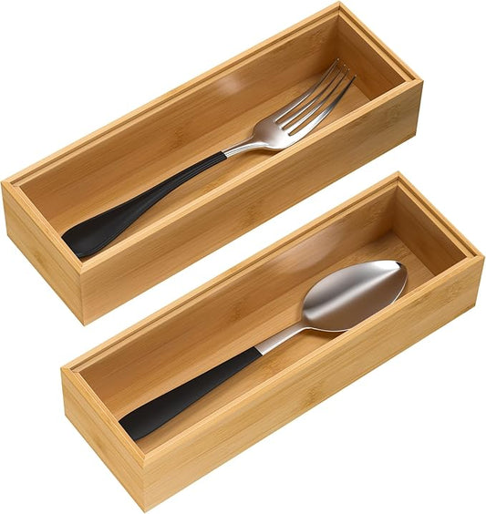 Silverware Tray for Drawer, Stackable Kitchen Bamboo Drawer Organizer 9" x 3" x 2" Set of 2-Ruum Studio Home