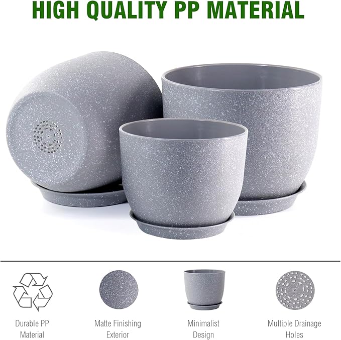 12/10/9 inch Large Plant Pots, 3 Pack Modern Decorative Plastic Planters with Drainage Holes and Saucer for House Garden Plants, Flower Pots for Indoor Outdoor Plants, Speckled Grey-Ruum Studio Home