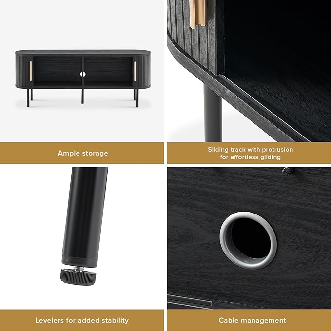 mopio Quin TV Stand, Mid Century Modern for 55/60/65 inch TV, Farmhouse TV Stand, Entertainment Center with Storage, TV and Media Console for Living Room (Black, 59" Tambour)-Ruum Studio Home